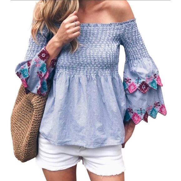 LOFT Tops - LOFT‎ Boho Embroidered Smocked Off The Shoulder Pinstripe Peasant Top S